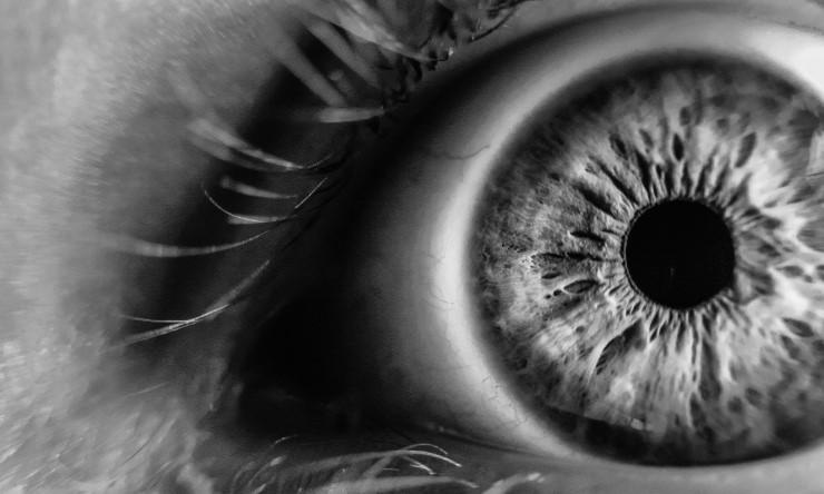 Black and white image of a close up of an eye