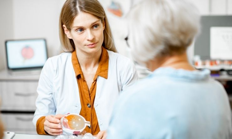 Doctor showing woman eye anatomy model