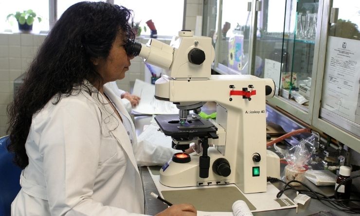 Scientist inspecting a sample through a microscope