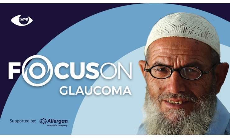 Image of Muslim man wearing a taqiyah and glasses with text that reads 'Focus on Glaucoma'