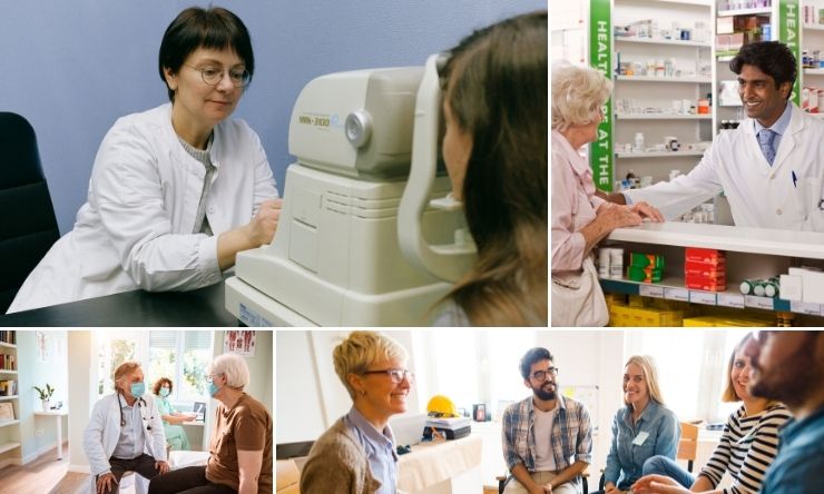 Composite image of a person having an eye test, a person at a pharmacy, a support group meeting, and a man at a doctor's appointment.