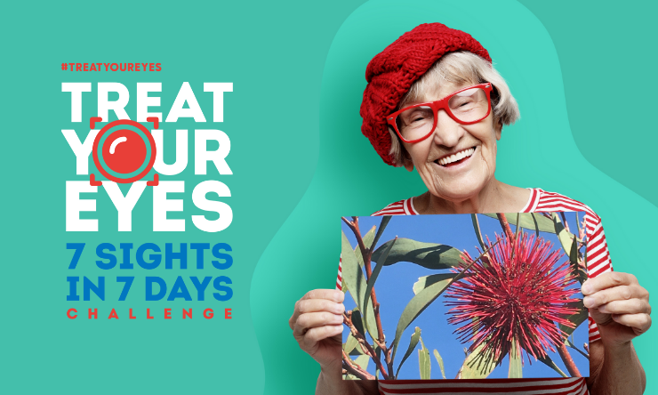 Image of older woman in red beret smiling and holding up artwork of Australian flora. Text reads: Treat Your Eyes 7 Sights in 7 Days Challenge