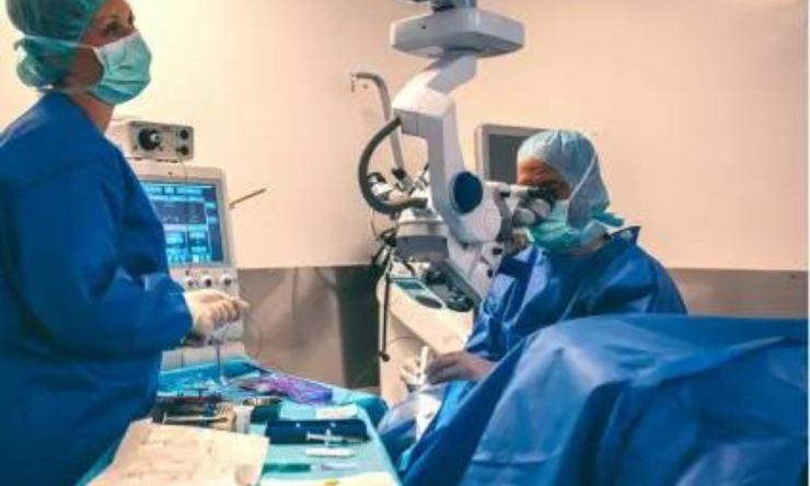 Dr Ondrejka (right) performs a canaloplasty procedure with the new iTrack Advance device. During the withdrawal of the microcatheter, the scrub nurse (left) titrates the ViscoInjector viscoelastic delivery device to deliver a custom volume of OVD, based on the patient’s pathology.