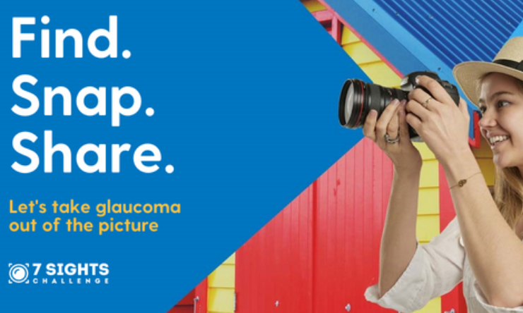 Image of a woman taking a photograph with a SLR camera alongside the text, 'Find.Snap.Share - Let's take glaucoma out of the picture'