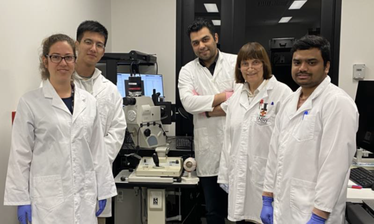 UNSW research team with remodelled Fundus camera for glaucoma detection and monitoring (from left to right: Aline Knab, Xiaohu Xu, Dr. Abbas Habibalahi, Prof. Ewa Goldys, Abhilash Goud Marupally)