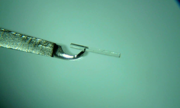 An enlarged view of the microscopic ocular implant which looks like a thin clear tube.