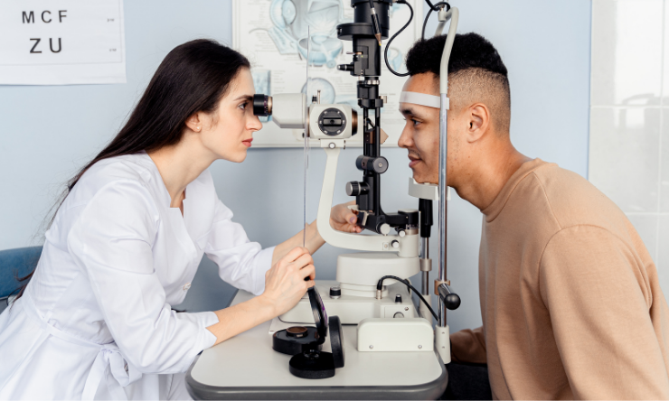 Optometrist checking mans eyes