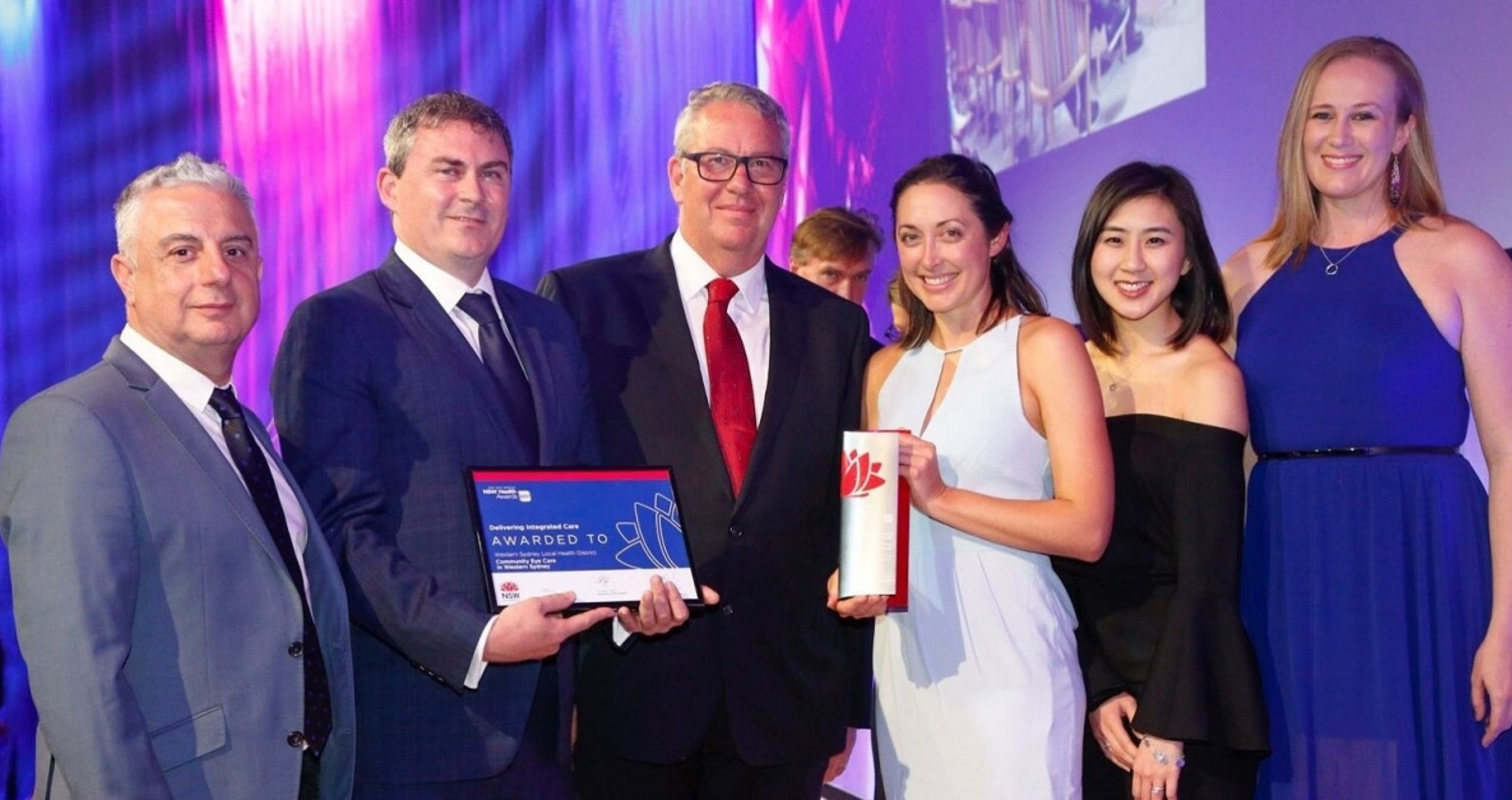 L-R: Joe Nazarian (optometrist), Clinical A/Prof Andrew White (Westmead ophthalmologist), Baxter Health representative, Belinda Ford (CEYEC service coordinator and PhD candidate), Margaret Nguyen (optometrist), Jackie van der Hout (ophthalmology administration manager)