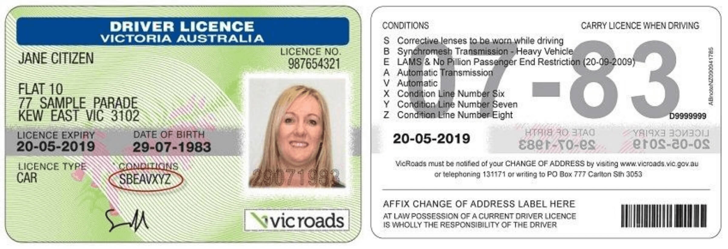 Sample VicRoads drivers licence showing conditions printed on the front and back