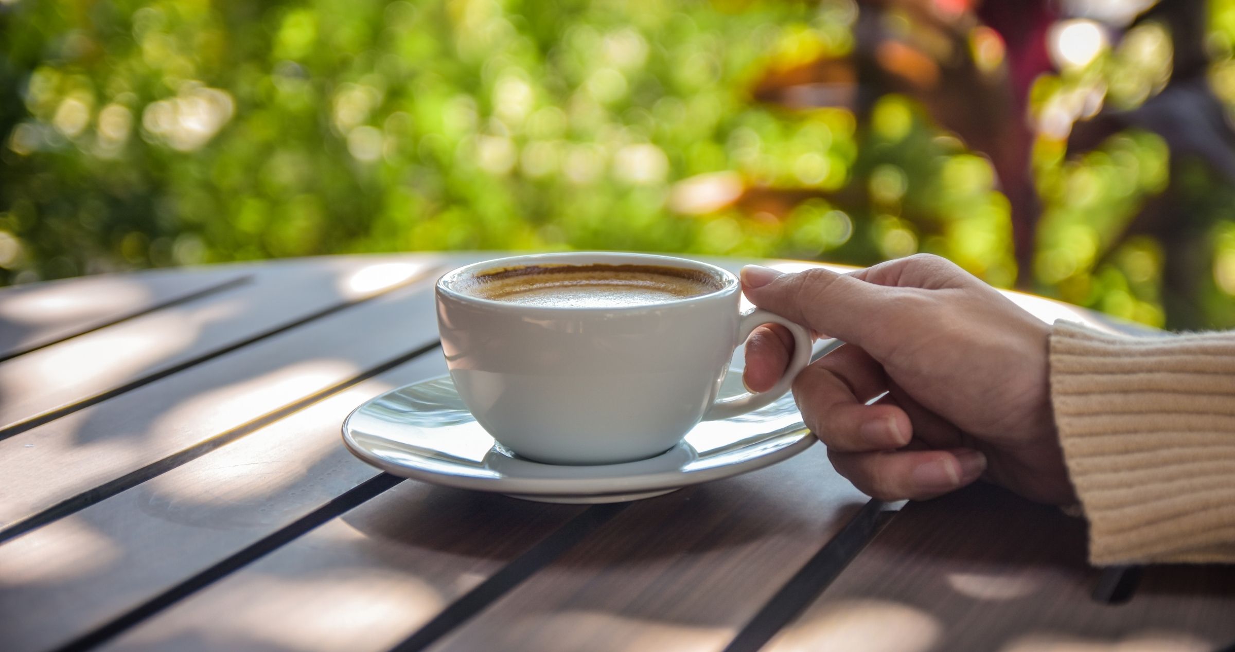 Hand holding cup of coffee in sunny green garden