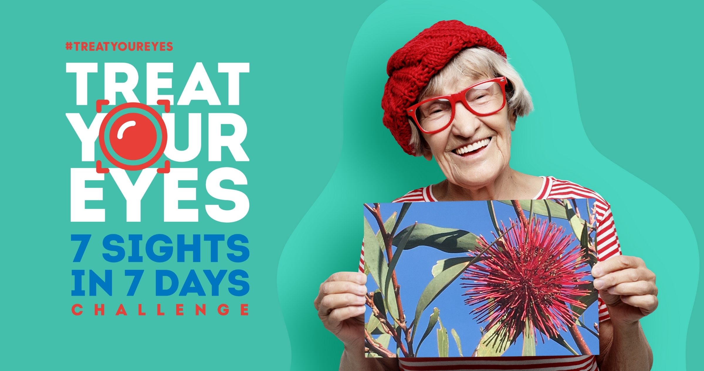 Image of older woman in red beret smiling and holding up artwork of Australian flora. Text reads: Treat Your Eyes 7 Sights in 7 Days Challenge