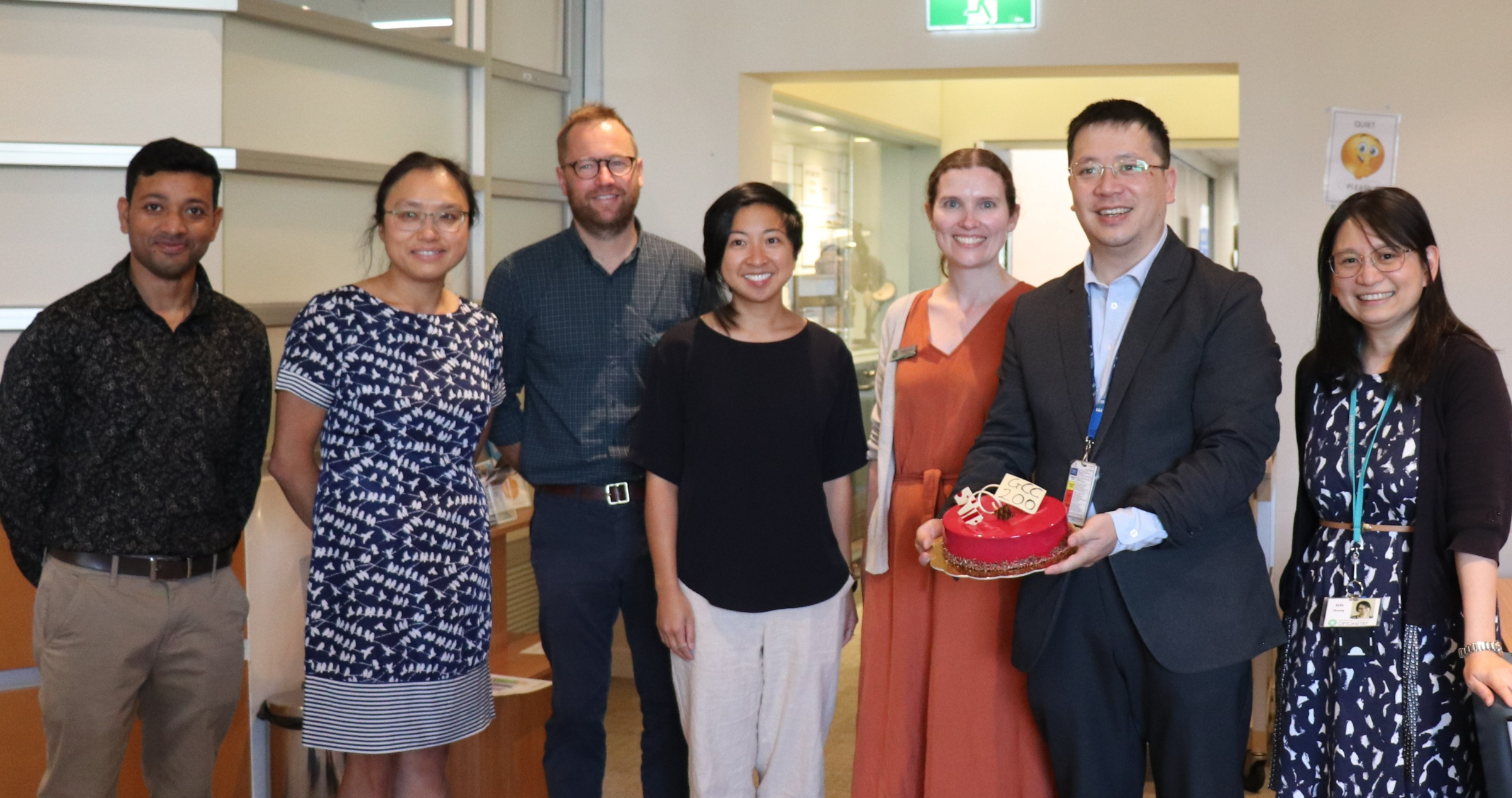 The Glaucoma Collaborative Care clinic team (L-R) clinical assistant Dr Ashim Dey; optometrists Josephine Li, Joe Waterman, Tracy Tran, Janelle Scully; ophthalmologist Dr George Kong and optometrist Iris Huang celebrate its 200th clinic