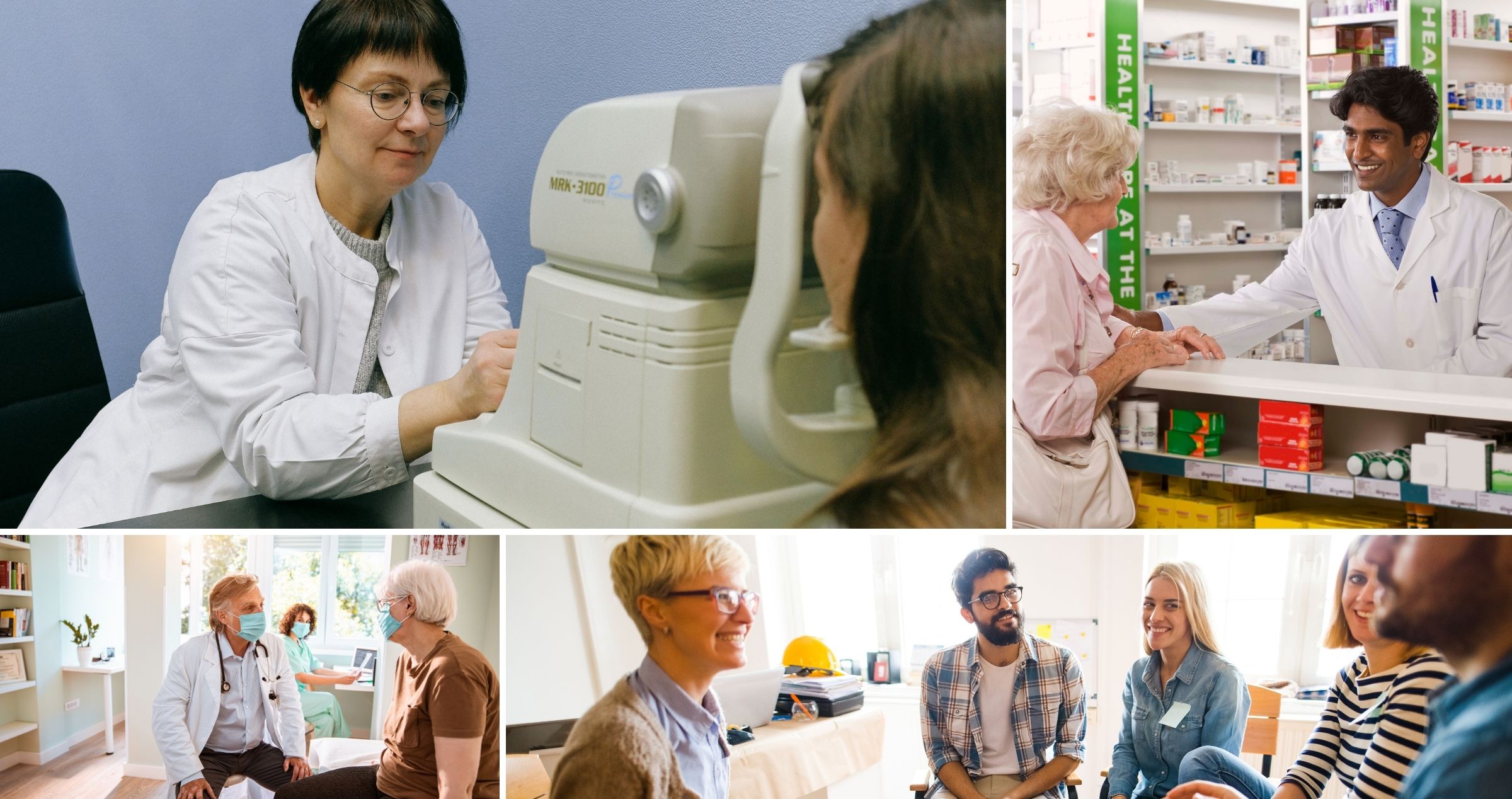 Composite image of a person having an eye test, a person at a pharmacy, a support group meeting, and a man at a doctor's appointment.