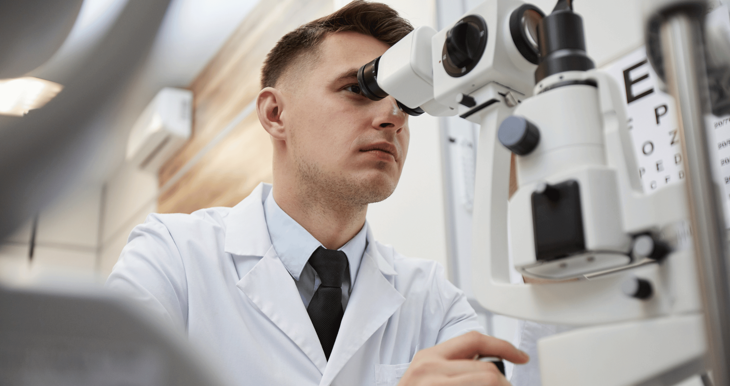 A young male optometrist in a white lab coat looks into the lens of a slit lamp.