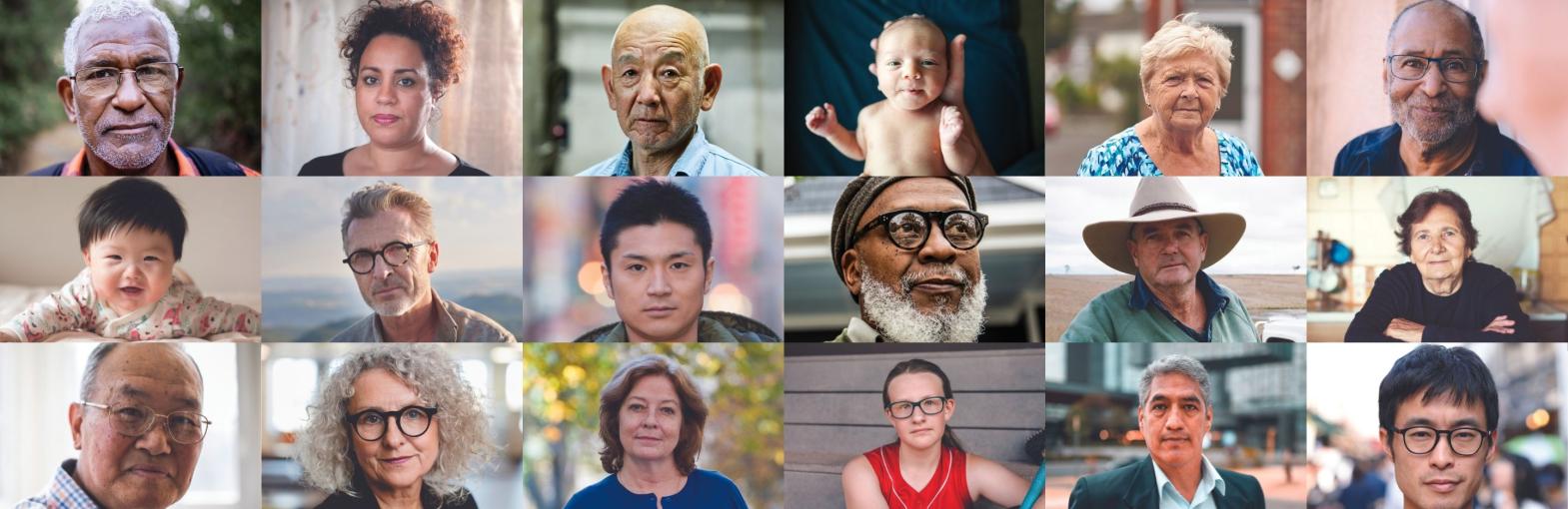 a grid composite image of 18 different people